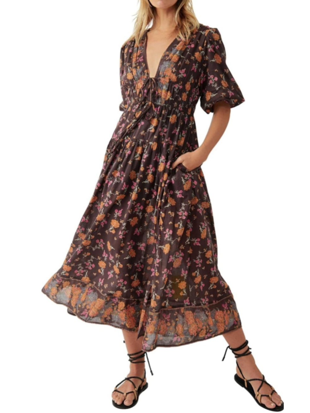 Free People S/P Floral Boho Maxi Dress Deep V Smocked Waist Brown - Picture 9 of 10